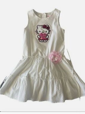 Girls White Hello Kitty Dress Size 6X Pink Flower Tiered Party Cute